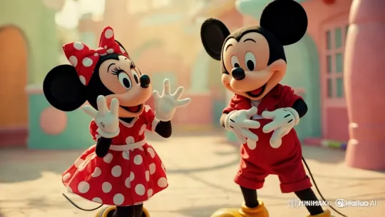 Mickey and Minnie Joyfully Invite Viewers in Animated Town Square – AI Generated Video | Hailuo AI