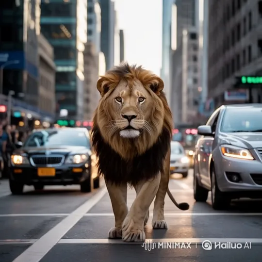 Majestic Lion Runs Through Bustling City Street – AI Generated Video | Hailuo AI