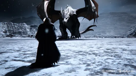 Warrior Faces Majestic Dragon on Snowy Battlefield – AI Generated Video | Hailuo AI
