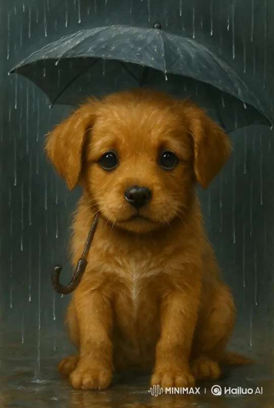 Golden Retriever Sits forlornly Under Umbrella in Rain – AI Generated Video | Hailuo AI
