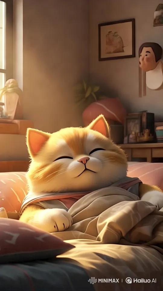 Cozy Morning: Snuggled Cat in Soft-Lit Bedroom – AI Generated Video | Hailuo AI