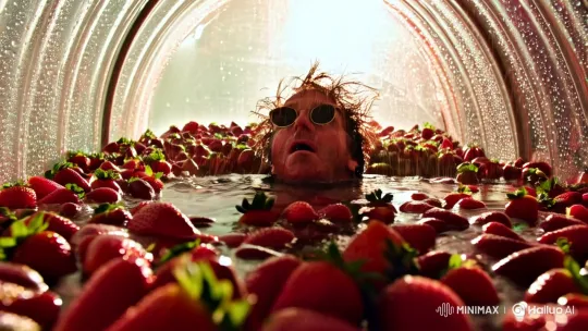 Eccentric Man in Surreal Strawberry Sea: A Fashion-Infused Dream – AI Generated Video | Hailuo AI