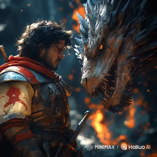 Warrior Faces Fiery Dragon in Dramatic Confrontation – AI Generated Video | Hailuo AI