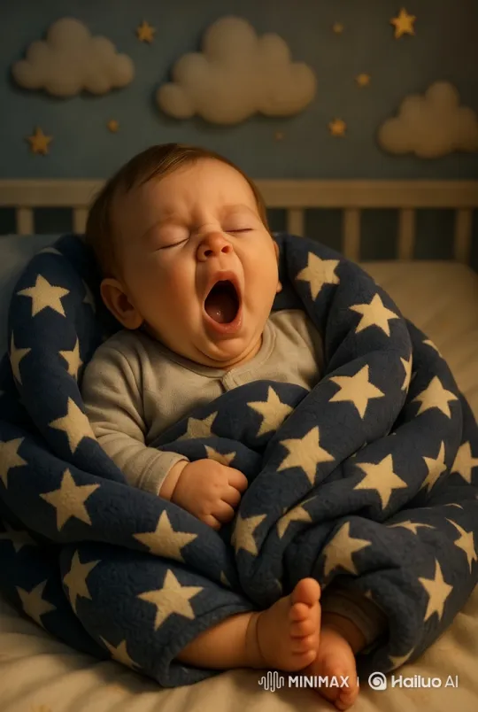 Baby Yawning in Cozy Star-Decorated Nursery – AI Generated Video | Hailuo AI