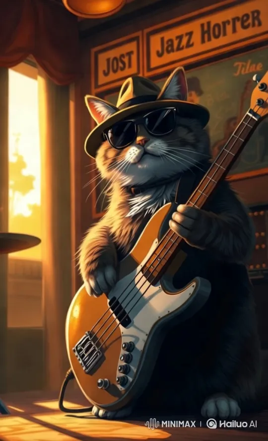 Chill Cat Jamming on Bass in Jazz Club – AI Generated Video | Hailuo AI