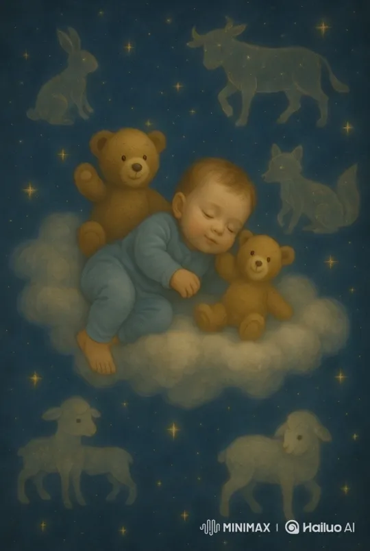 Baby on Cloud with Teddy Bears in Night Sky – AI Generated Video | Hailuo AI