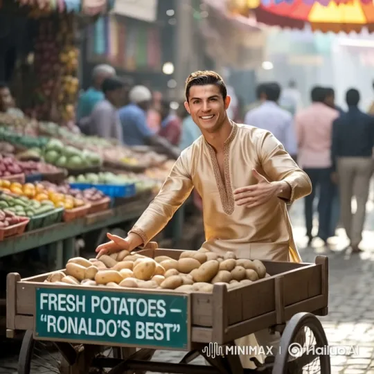 Golden Kurta Man Sells Fresh Potatoes in Bustling Market – AI Generated Video | Hailuo AI