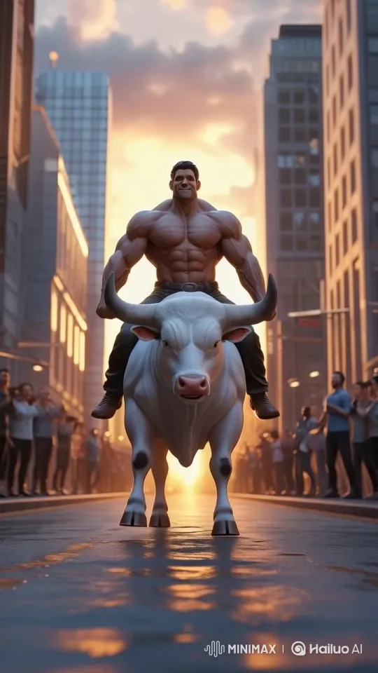 Heroic Man Rides Bull Through City at Sunset – AI Generated Video | Hailuo AI