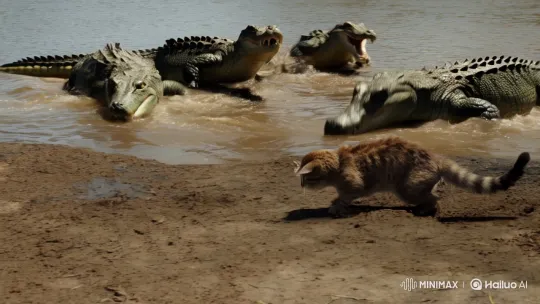 Terrified Cat Caught in Fierce Crocodile Battle – AI Generated Video | Hailuo AI
