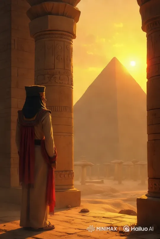 Regal Figure Between Columns at Sunset Pyramid Scene – AI Generated Video | Hailuo AI
