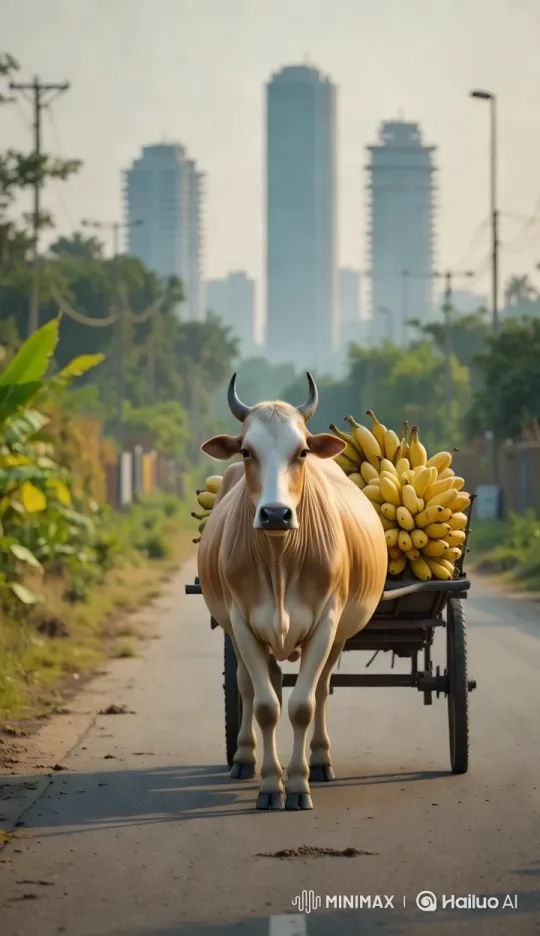 Rural Cow Amidst Urban Jungle: A Visual Narrative – AI Generated Video | Hailuo AI