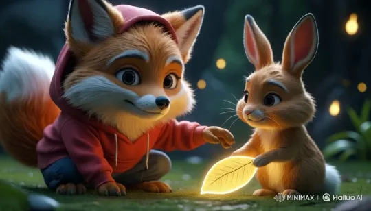 Magical Forest Encounter: Fox and Rabbit Exchange – AI Generated Video | Hailuo AI