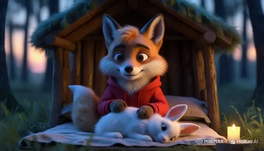 Fox and Rabbit in Cozy Hut at Dusk – AI Generated Video | Hailuo AI