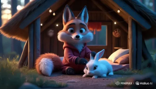Anthropomorphic Fox Pets Rabbit in Cozy Forest Setting – AI Generated Video | Hailuo AI