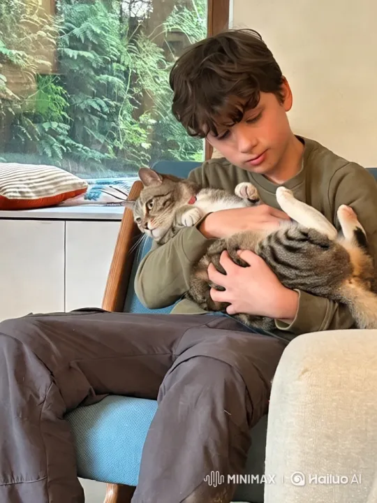 Young Person Cuddles and Kisses Cat in Cozy Room – AI Generated Video | Hailuo AI