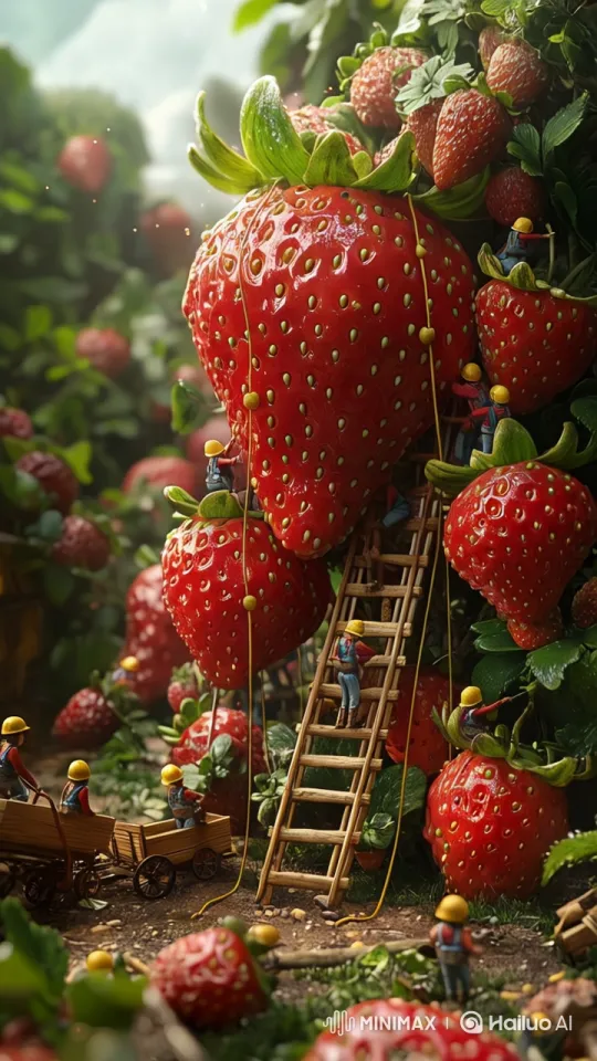 Tiny Workers Harvest Giant Strawberries in Lush Field – AI Generated Video | Hailuo AI