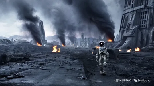 Skeleton Robot Explores Alien City in Haunting Scene – AI Generated Video | Hailuo AI