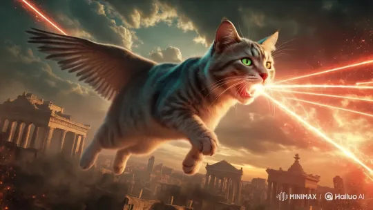 Flying Cat with Wings Illuminates Ancient Ruins in Epic Sunset Scene – AI Generated Video | Hailuo AI