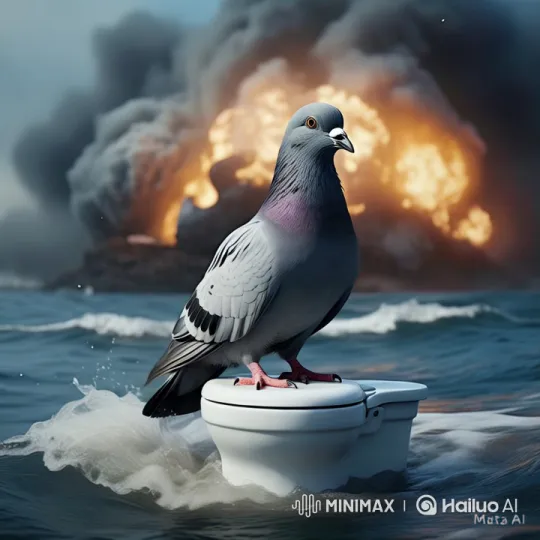 Pigeon on Floating Toilet Amidst Ocean Explosion – AI Generated Video | Hailuo AI