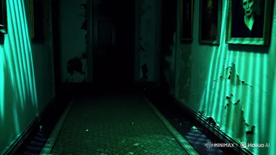 Ghostly Encounter in Dimly Lit, Decaying Hallway – AI Generated Video | Hailuo AI