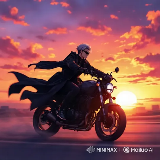 Motorcyclist Racing Through Fiery Sunset Cityscape – AI Generated Video | Hailuo AI