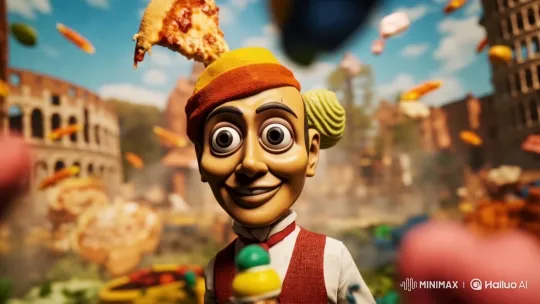 Whimsical Toy Figure in Colosseum with Floating Food – AI Generated Video | Hailuo AI