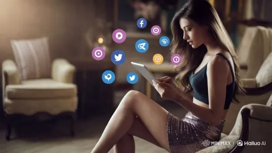 Woman Enjoying Tablet Amid Dancing Icons in Cozy Living Room – AI Generated Video | Hailuo AI