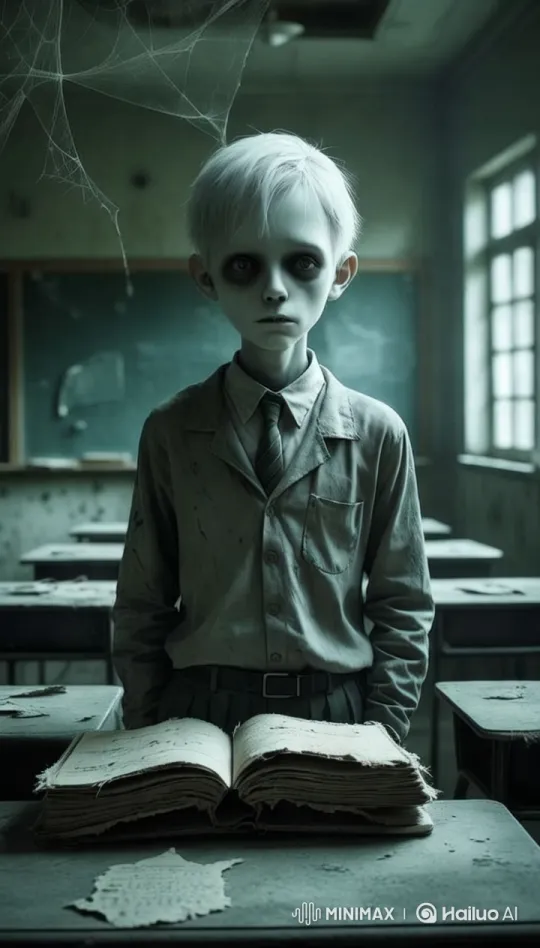 Haunted Classroom: Ghostly Schoolboy in Tattered Uniform – AI Generated Video | Hailuo AI
