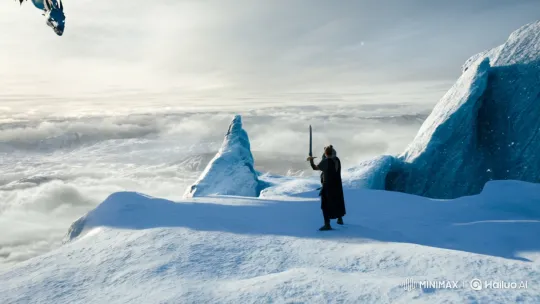 Lone Warrior Faces Frost Dragon on Snowy Peak – AI Generated Video | Hailuo AI