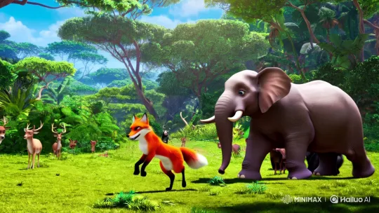 Fox and Elephant Frolic in Lush Jungle – AI Generated Video | Hailuo AI