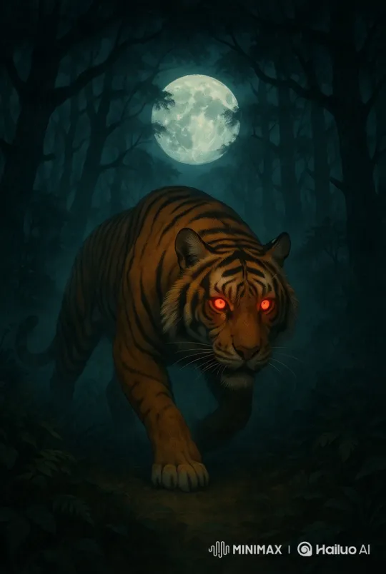 Mystical Jungle: Stealthy Tiger Under Moonlight – AI Generated Video | Hailuo AI