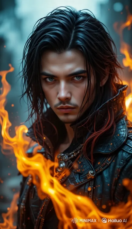 Dramatic Figure Surrounded by Fiery Flames – AI Generated Video | Hailuo AI