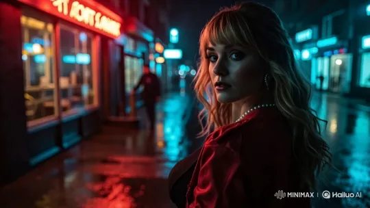 Rainy Night Cityscape: Woman in Red Jacket – AI Generated Video | Hailuo AI