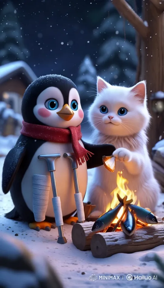 Fluffguin and the Cat: Cozy Winter Campfire Scene – AI Generated Video | Hailuo AI