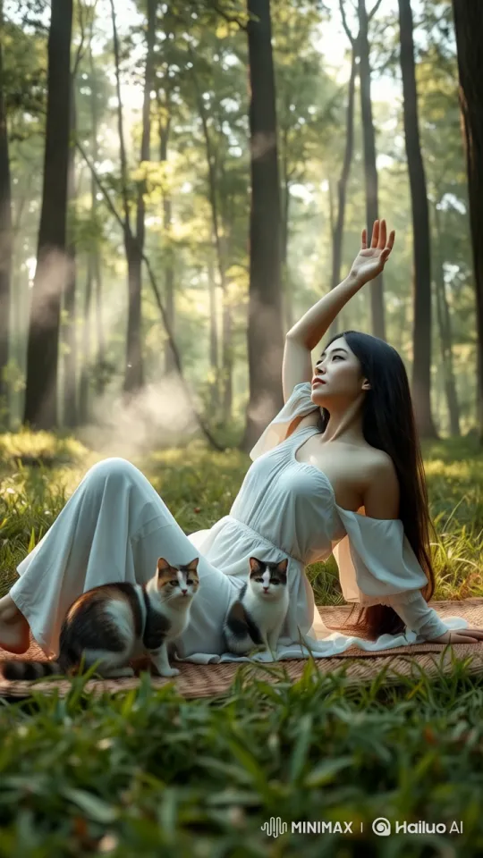 Yoga in Nature: Woman and Cat in Serene Forest Setting – AI Generated Video | Hailuo AI