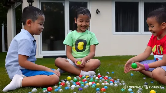 Kids Laughing with Marbles in Front of Cool House – AI Generated Video | Hailuo AI
