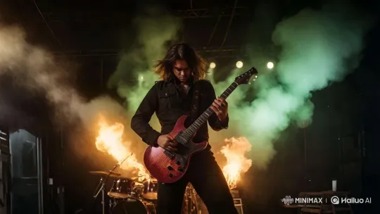 Intense Guitarist Performance in Dramatic Rock Video – AI Generated Video | Hailuo AI