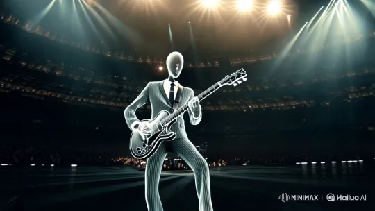 Empty Suit Plays Electric Guitar in Surreal Arena – AI Generated Video | Hailuo AI