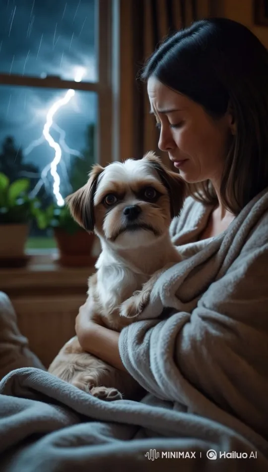 Comforting Moments: Shih Tzu Finds Solace in Mom's Arms During Storm – AI Generated Video | Hailuo AI