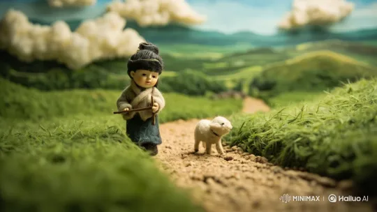 Young Girl and Lamb in Enchanted Landscape – AI Generated Video | Hailuo AI