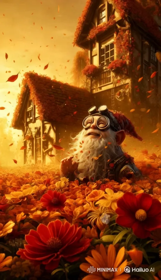 Autumn Pastoral: Healing Gnome Amidst Dancing Flowers – AI Generated Video | Hailuo AI