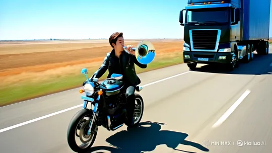 Motorcyclist Harasses Truck with Horn on Open Highway – AI Generated Video | Hailuo AI
