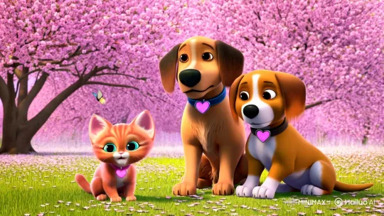 Kitten and Puppy Bond Under Cherry Blossoms – AI Generated Video | Hailuo AI