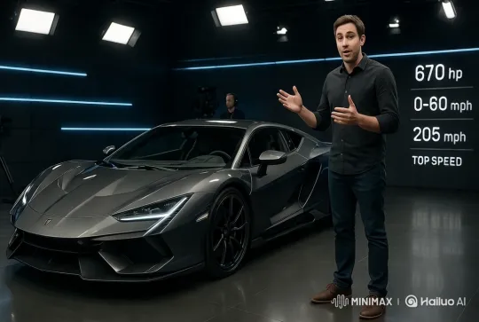 Sleek Supercar Showcased in Modern Automotive Studio – AI Generated Video | Hailuo AI