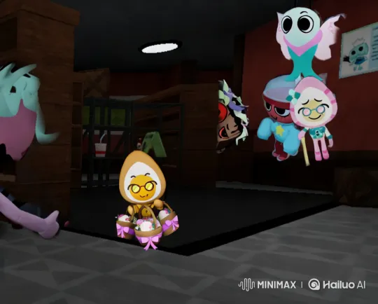 Colorful Characters Fly Playfully in Dimly Lit Room – AI Generated Video | Hailuo AI