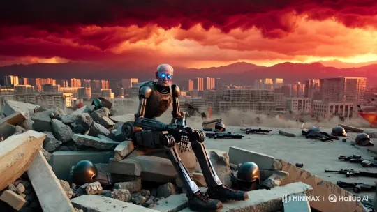 Post-Apocalyptic Scene: Arkon-7 Amidst Ruins and Threat – AI Generated Video | Hailuo AI