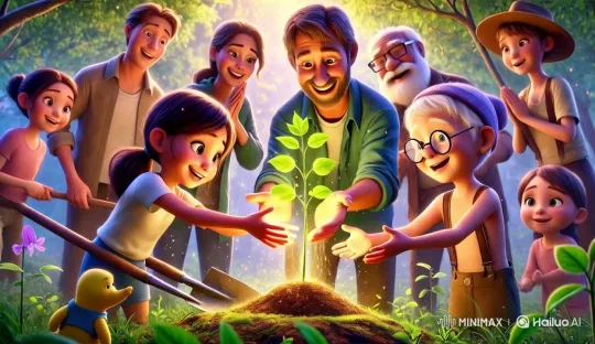 Community Nurtures Sapling in Forest Clearing – AI Generated Video | Hailuo AI