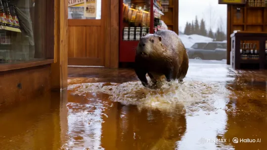 Beaver Escapes Rising Beer Flood in Quaint Store – AI Generated Video | Hailuo AI