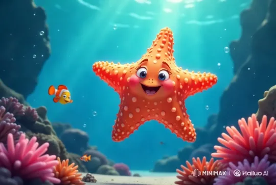 Vibrant Underwater Scene with Smiling Starfish and Clownfish – AI Generated Video | Hailuo AI