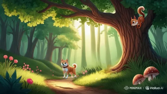 Peaceful Forest Scene: Squirrel, Akita, and Serene Nature – AI Generated Video | Hailuo AI